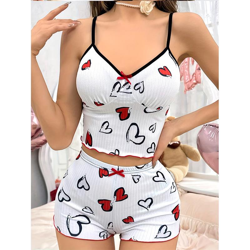 Women's Heart Print Color Block Camisole Pajama Set - Summer Two-Piece Home Wear.
