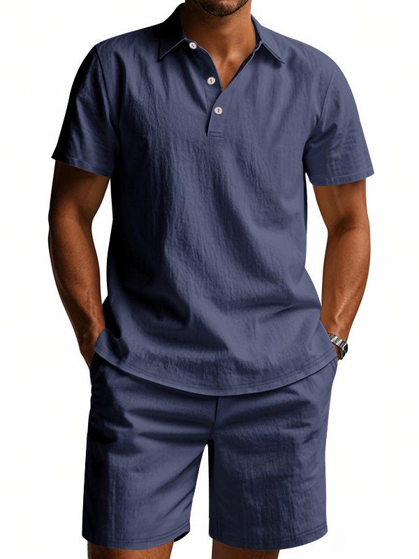 Men's Summer Sporty Cotton Linen Two-Piece Set: Breathable Short Sleeve Polo Shirt & Lapel Shorts