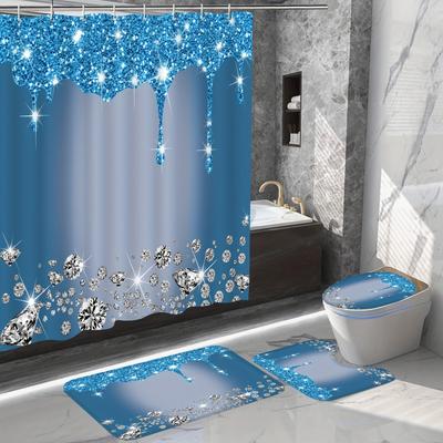 Juego de 4 Uds de cortinas de ducha para baño, cortina de baño con diamantes brillantes con 12 ganchos, alfombras antideslizantes, cubierta de inodoro, alfombrilla, partición de baño