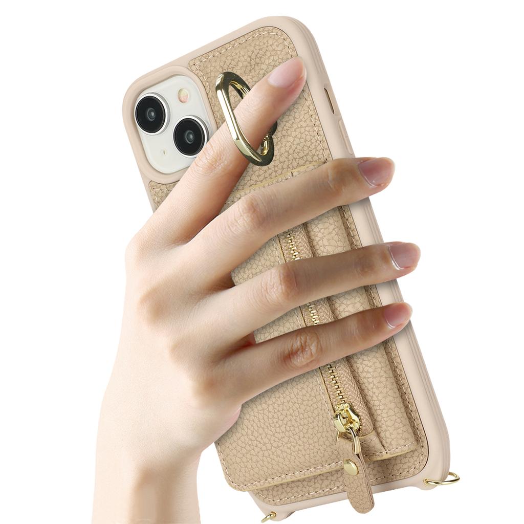For iPhone 14/13 Case Litchi Texture Card Bag Leather+TPU Crossbody Phone Cover with Ring Kickstand