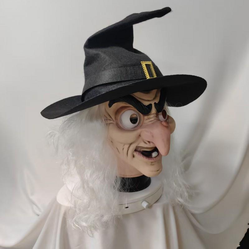 Halloweenská latexová čarodějnická maska s dlouhými vlasy a kloboukem Cosplay Party Vtipné rekvizity