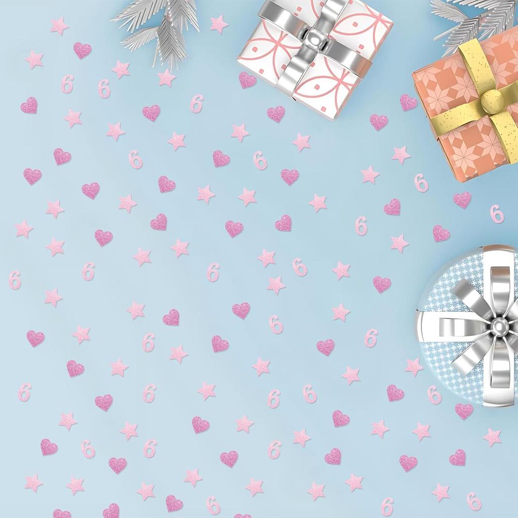 200PCS Number 6 Confetti, Pink Glitter 6th Birthday Paper Confetti, Twinkle Star/Sweet Heart Cut Out for Girls, 6th Anniversary Party Decoration