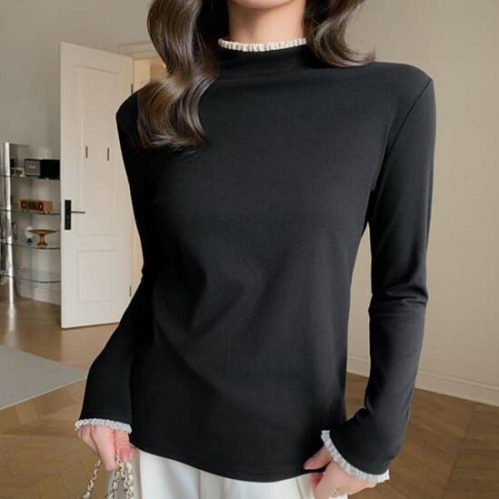 Navava Women Lace Reversible Fleece Mock Neck Long Sleeve T shirT nT3153