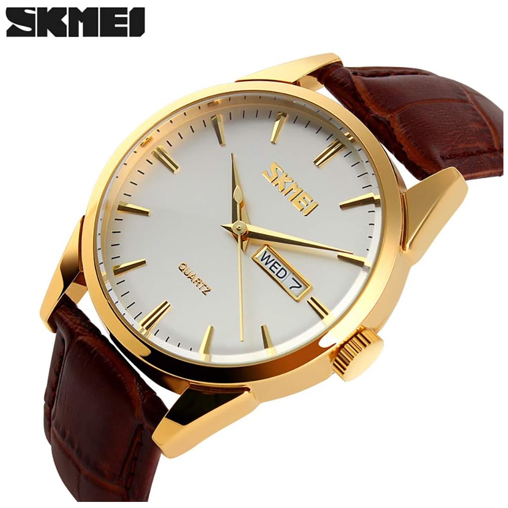 Men's Classic Brown Leather Strap Watch Waterproof Quartz Analog Casual Simple Date Day Lightweight