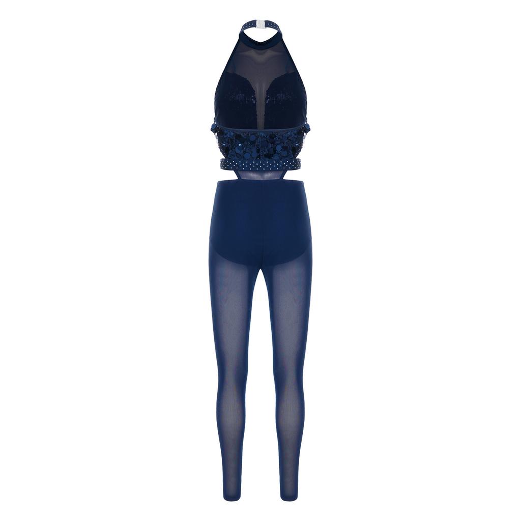 Women Gymnastics Unitard Halter Backless Sequin Bodice Hollow Out Waist Sheer Mesh Leggings Built-in Briefs Rompers Jumpsuit for Competition Stage