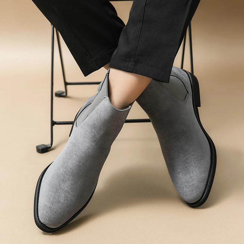 Fashion New Gray Chelsea Boots for Men Flock Business Men Ankle Boots Cowboy Boots Handmade Men Size 38-46 Zapatos De Hombre
