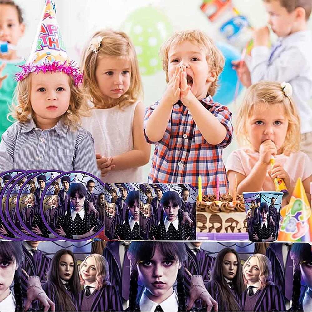 Wednesday Addams Birthday Party Tableware Include Tablecloth, Napkins, and Paper Cups