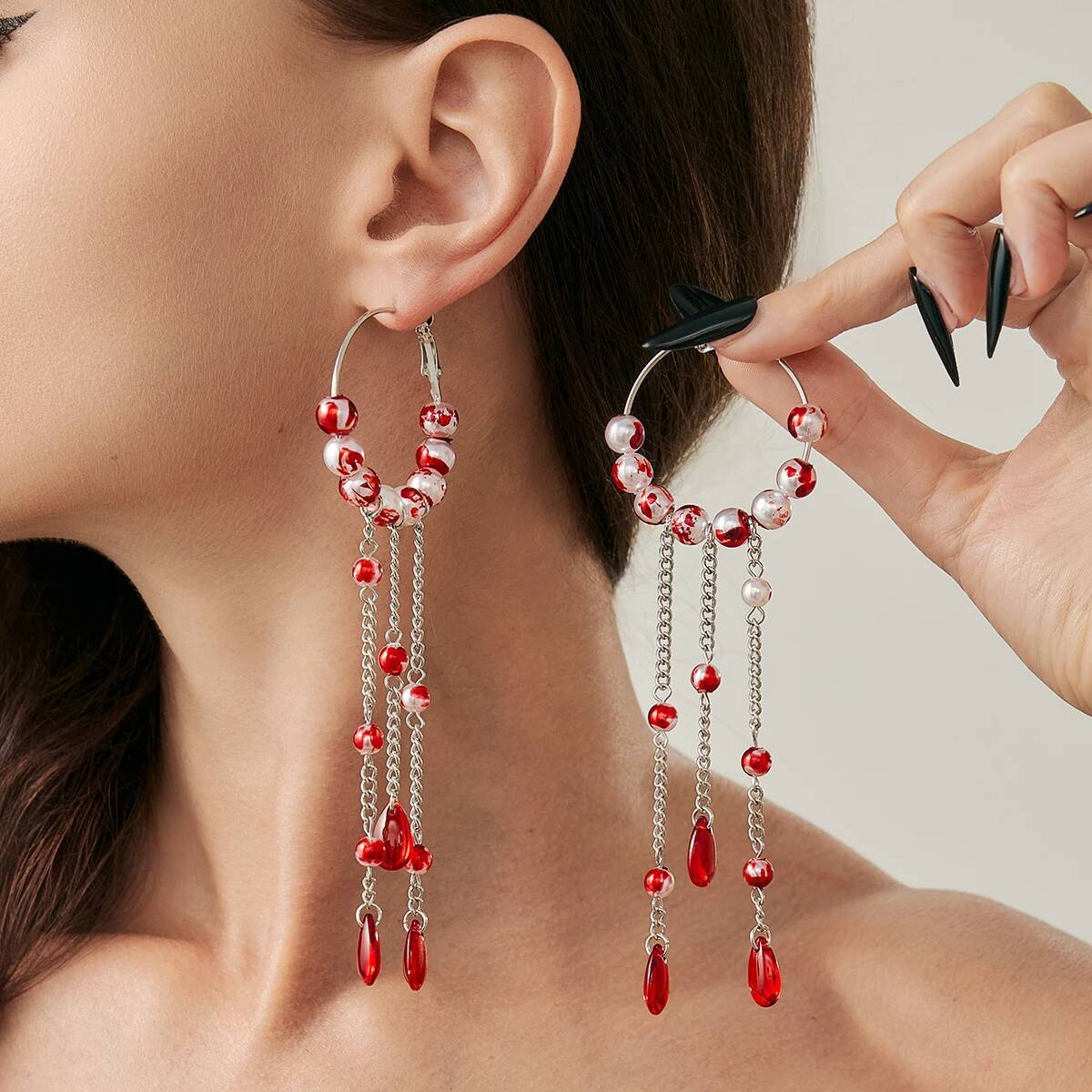 Salircon Gothic Long Tassel Red Waterdrop Rhinestone Hoop Earrings Women Trendy Exquisite Imitation Pearls Piercing Ear Jewelry