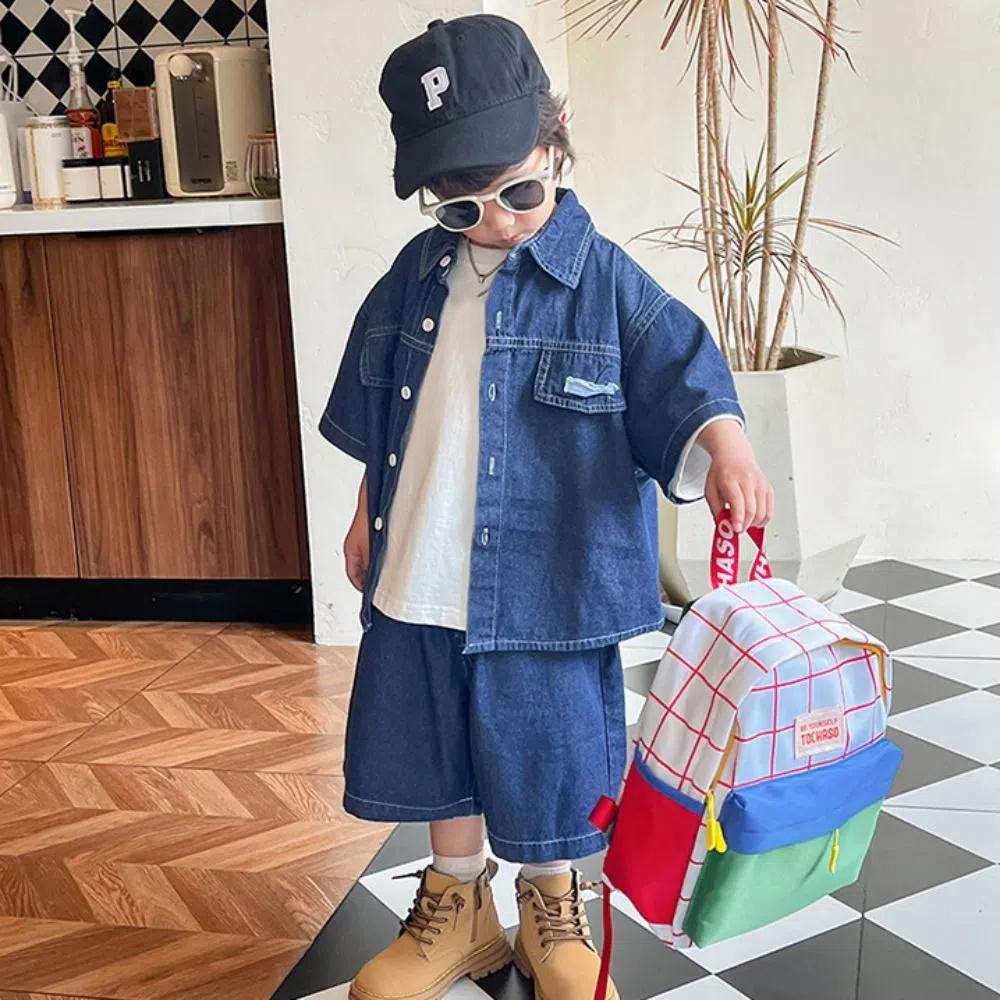 Large Capacity Contrast Color Plaid Backpack Korean Style Cute Shoulder Bag Gift