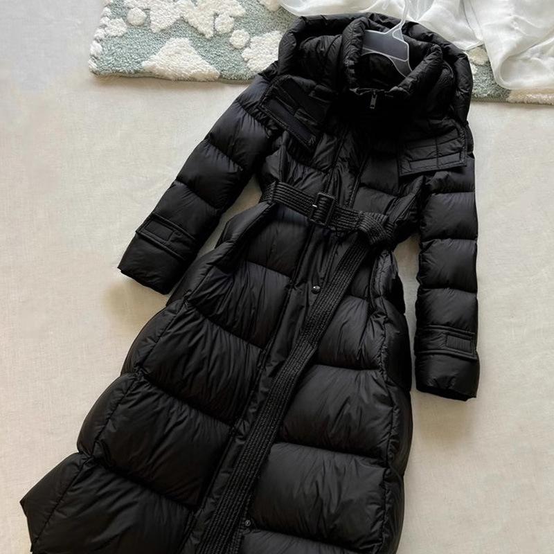 Long waist slim down jacket, thick black coat, high-end Pinghu women's clothing, white duck down hooded winter