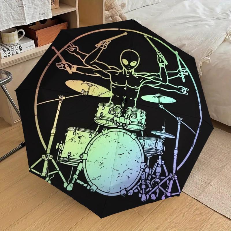 1pc Alien Drummer Art Print Umbrella with Plastic Handle,Suitable for All Seasons Home Travel Outdoor UmbrellaDD545