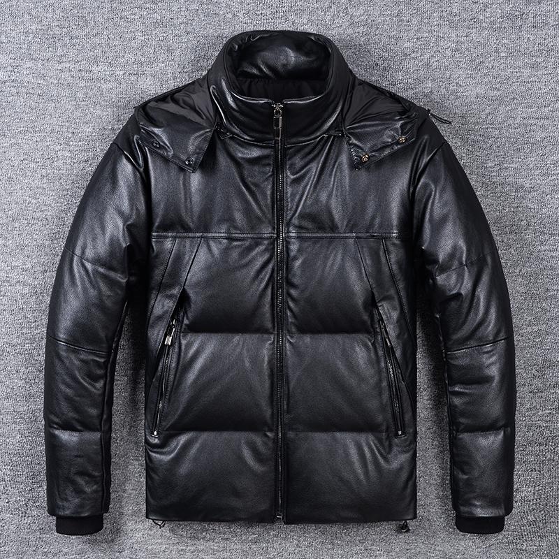 Wide Shoulder Thick Soft Men Genuine Cow Leather Duck Down Coat Removable Hood Warm Winter Jacket Cowhide Leather Men's Clothing