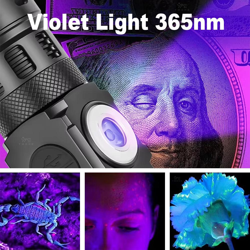 Powerful Zoomable Flashlight USB-C Rechargeable Flashlight Side UV Light Torch COB RGB Hand light with Magnet for Camping Hiking