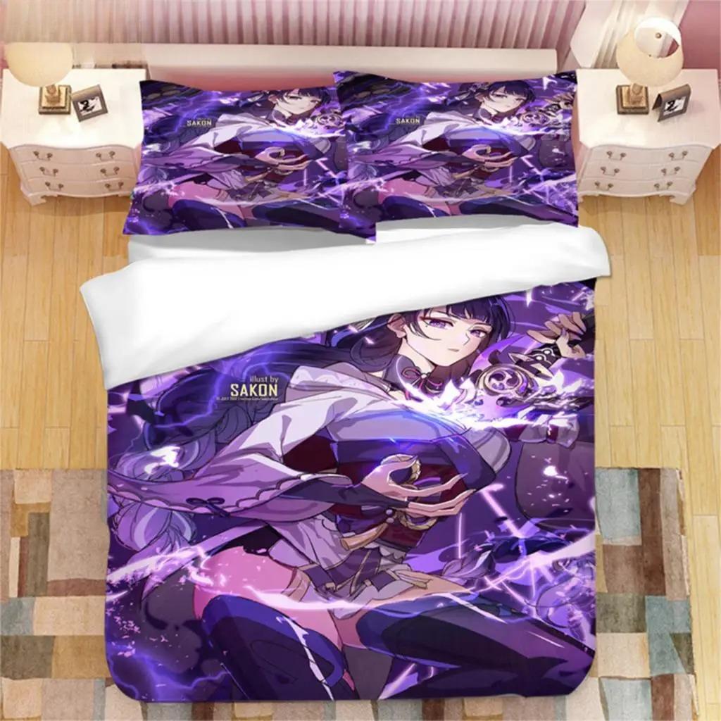 Genshin Impact Raiden Shogun 3D Printed Bedding Set Duvet Covers Pillowcases Comforter Bedding Set Bedclothes Duvet Cover