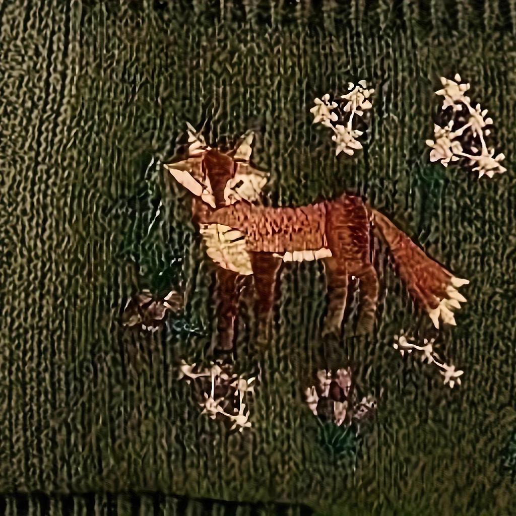 Women's Dark Green Knit Cardigan with Fox Embroidery and Puff Sleeves