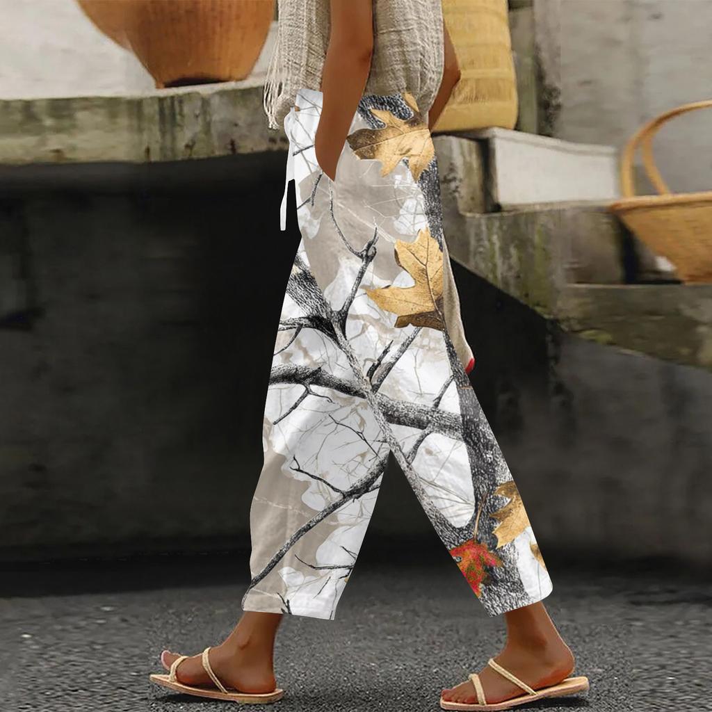 Women's fashion printed drawstring pocket elastic waist casual pants