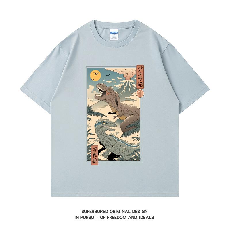 

220GSM Тяжелая футболка из 100% хлопка Футболка Юрского периода Ukiyo E 2 с принтом Мужская повседневная футболка с круглым вырезом Базовые мужские топы Футболка