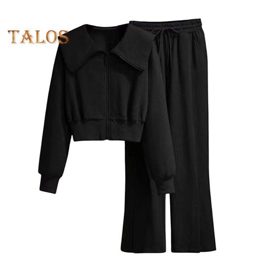 

2 шт./комплект. Жіноче пальто, брючний костюм, відкладний комір, застібка, довгий рукав, товста куртка, шнурок, еластична талія, широкі кишені, штани, зимовий спортивний одяг M чорний