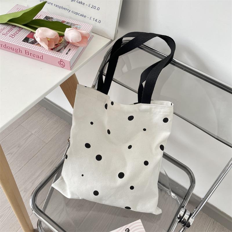 5 Printed polka dot canvas bag Large capacity shoulder bag Simple student school bag Open canvas bag