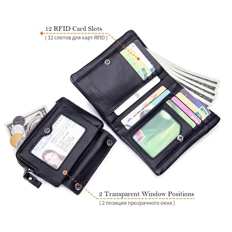 BULLCAPTAIN Short Tri-Fold Buckle Zipper Wallet Men's Cow Leather Wallet Coin Purse Money Bag Business Card Holder RFID Holder