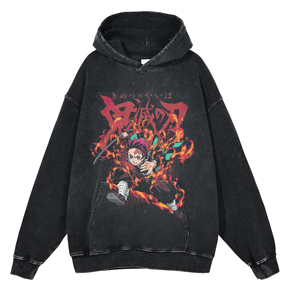 Japan Anime Demon Slayer Rengoku Kyoujurou Graphic Washed Hooded Men Manga High Quality Hoodies Harajuku Male Cotton Sweatshirt