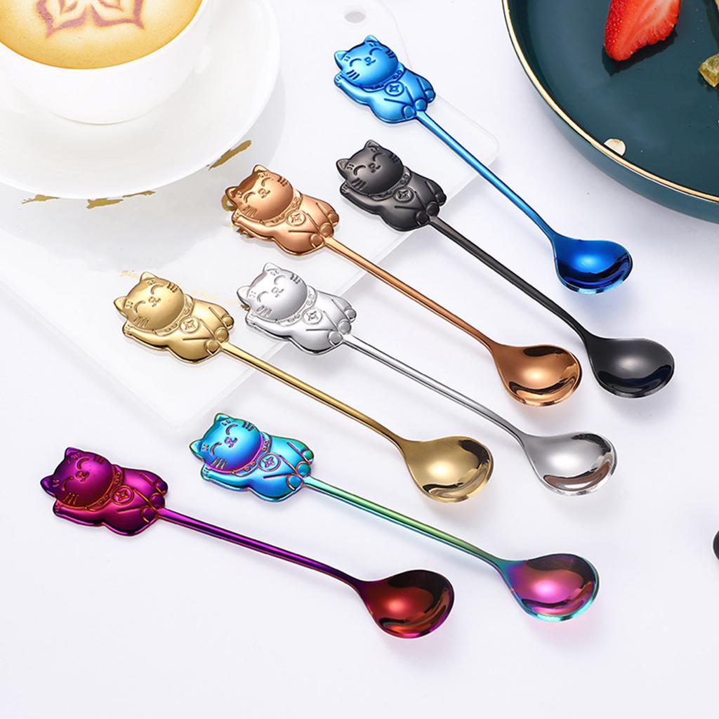 Cute Cats Shape Stirring Spoon Small Mixing Teaspoon Dessert Spoon Stainless Steel Tableware Easy To Clean