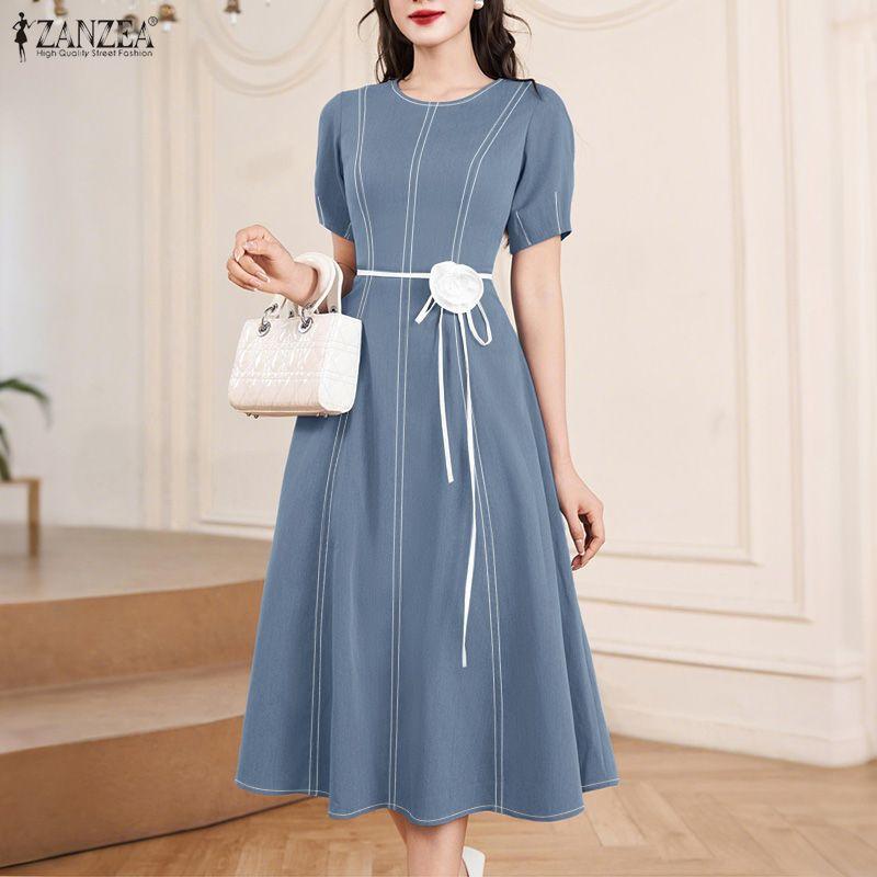 ZANZEA Dámské letní ležérní šaty s kulatým výstřihem s krátkým rukávem