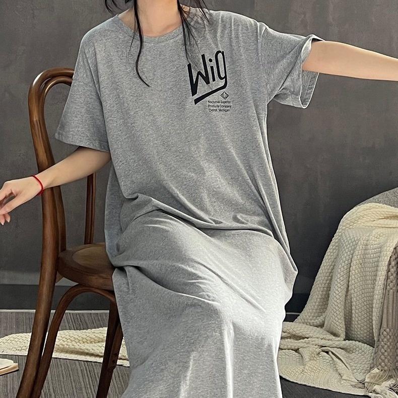 Loose-fitting Large-sized Women's Round-neck Short-sleeved T-shirt Dress, Long Laid-back Style Dress, Knee-length Sleeping Dress