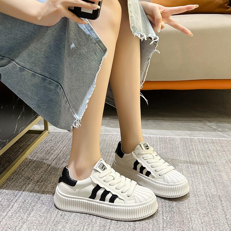 thick-soled little white shoes women's spring and summer new versatile casual board shoes shell head leather mesh flat-soled biscuit shoes