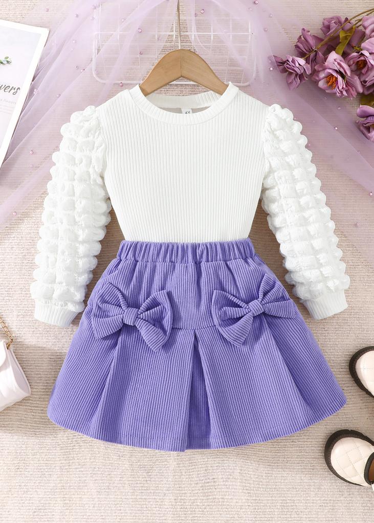 Girls' Bubble Sleeve Top & Bow Skirt 2Pcs Outfit