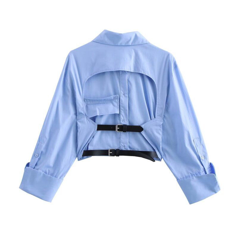 Fashion Style 2024 Autumn New Women's Cotton Open Back with Belt Poplin Long Sleeves Shirt 8400260