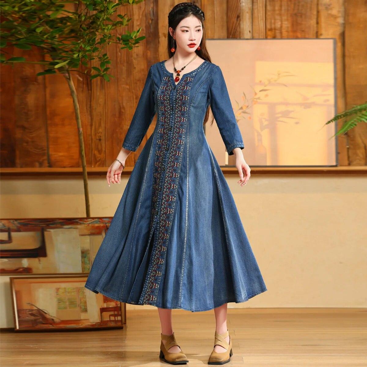 

Johnature Niche Хлопковое однобортное модное винтажное платье с длинными рукавами в китайском стиле с вышивкой и v-образным вырезом M синий