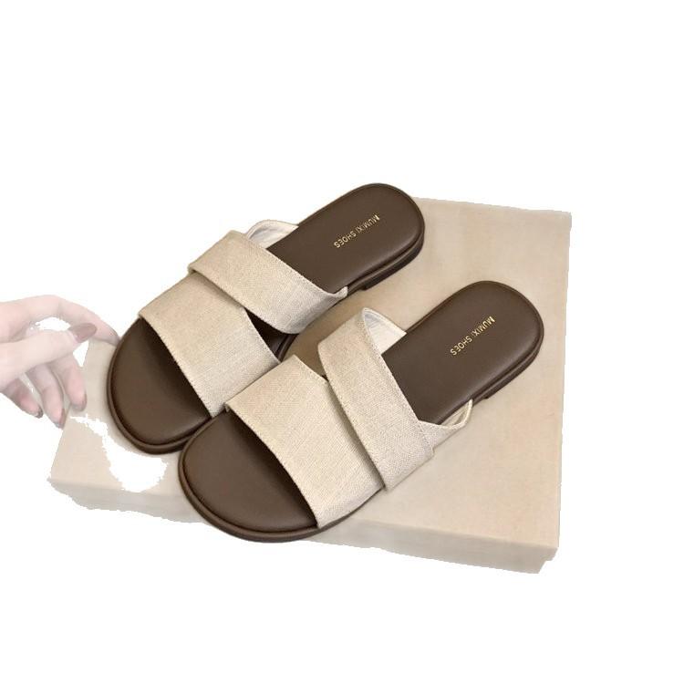 Niche Design Sense Linen Square Head Open-toed Flat-bottomed Slippers Female Summer Wear Fairy Seaside Vacation Beach Sandals