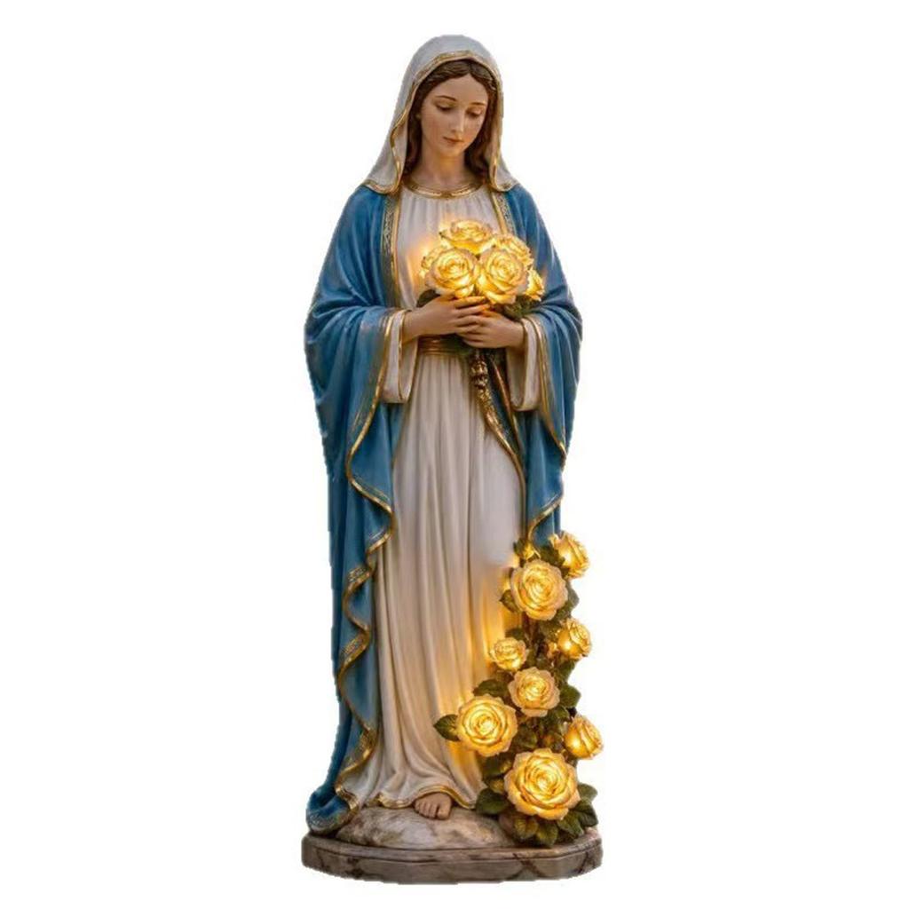 Estatua de Jardín de la Virgen María de Resina con Luz LED Integrada Rosas Decorativa Figura Religiosa para Exteriores para Exhibición en Patio Césped Terraza