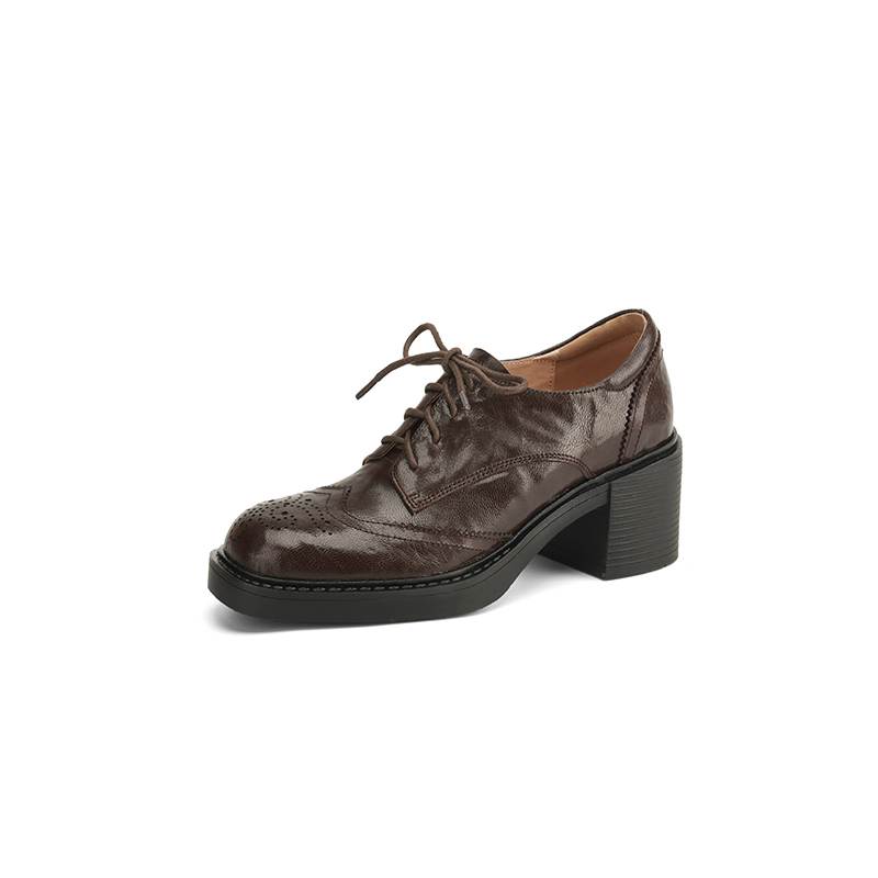 Krazing Pot Sheepskin Autumn Winter Shoes Lace Up Chunky Heels Oxford Shoes Size 43 Round Toe Deep Mouth Pumps