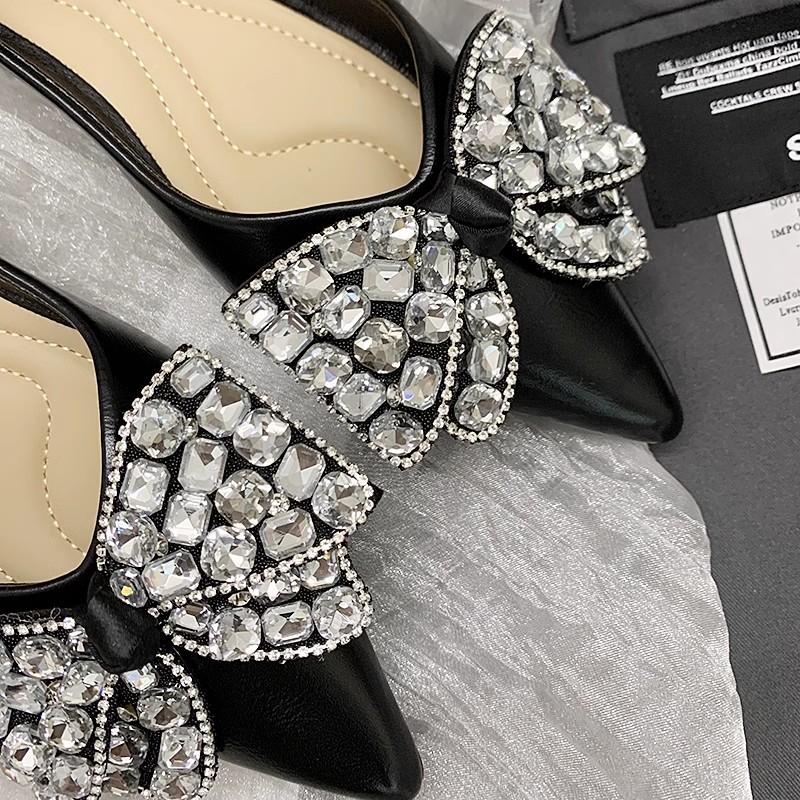 Fashion Flat Shoes for Women 2025 Spring and Autumn Black Pointed New Diamond Butterfly Bow Shallow Plus Size Women's Shoes 42 43 44