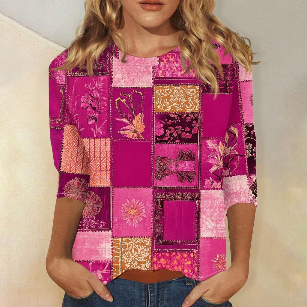 Women's Fashion Casual Three-quarter Sleeve Vintage Floral Print Round Neck Top