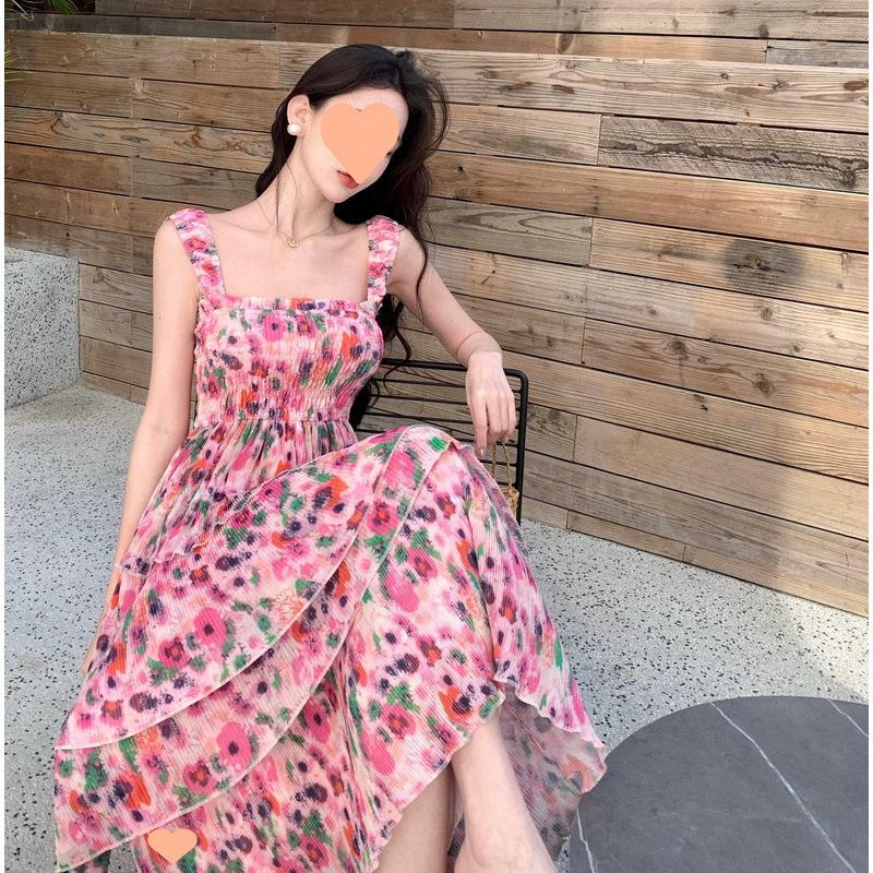 Spring/Summer 2026 Floral Print Elastic Shrinkle Vacation Dress Pink Skirt Suspender Beach Dress