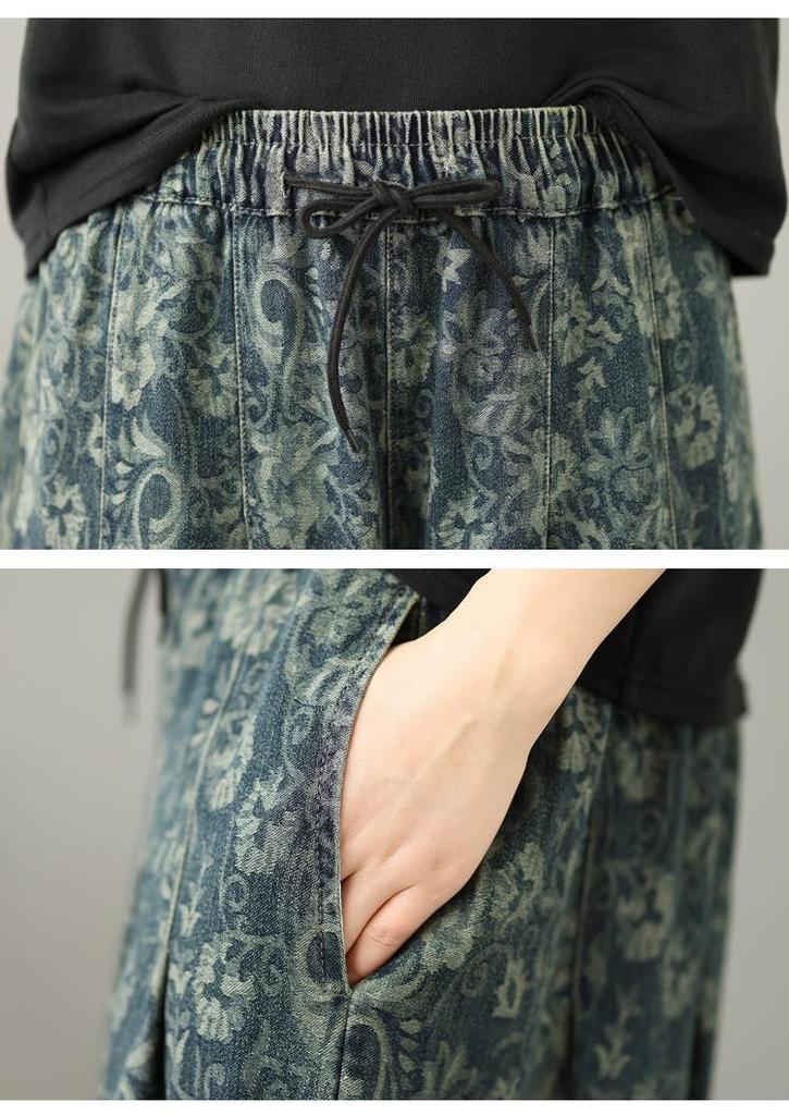 Nieuwe Plus Size Bloemen Jacquard Zacht Denim Wijde Pijp 7/8 Broek - Casual Zomer Mode