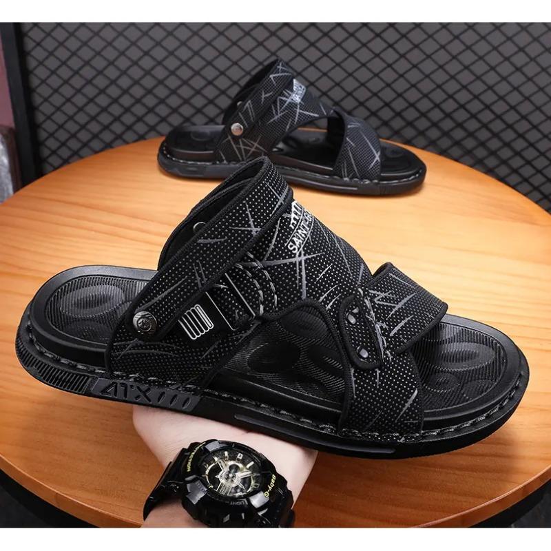 

Мужские черные шлепанцы летние кожаные в британском стиле и сандалии тапочки для ног нескользящая толстая подошва плоский каблук пляжная обувь тапочки 38 чёрный