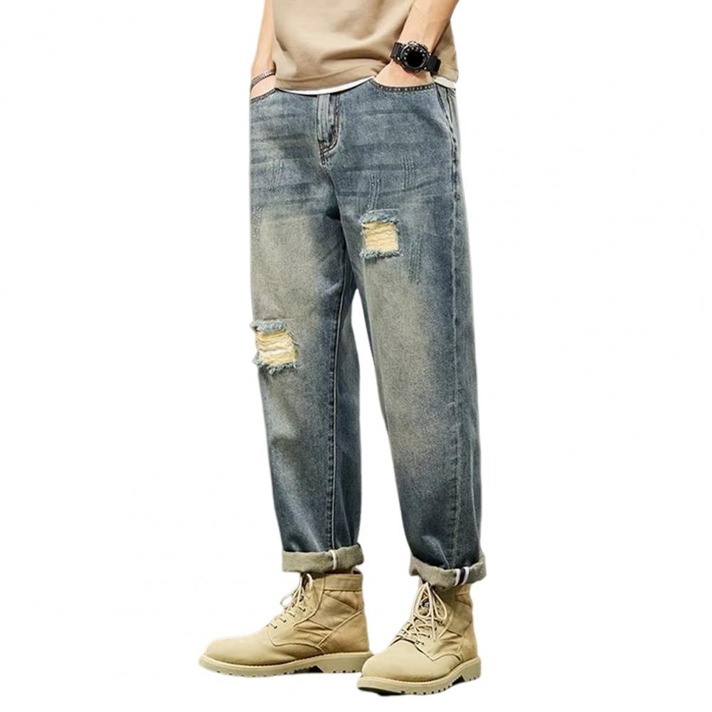 Men Jeans Gradient Color Loose Fit Denim Pants with Multi Pockets Button Zipper Fly Harem Pants Streetwear