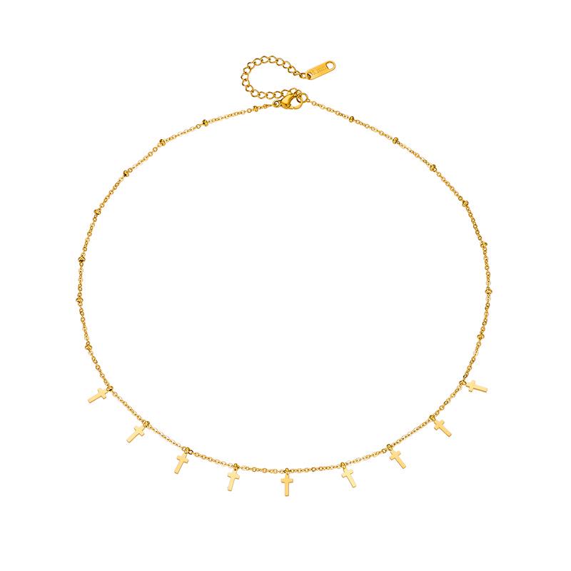 18K Gold Titanium Steel Multi-Cross Pendant Necklace with Bead Lock Clasp