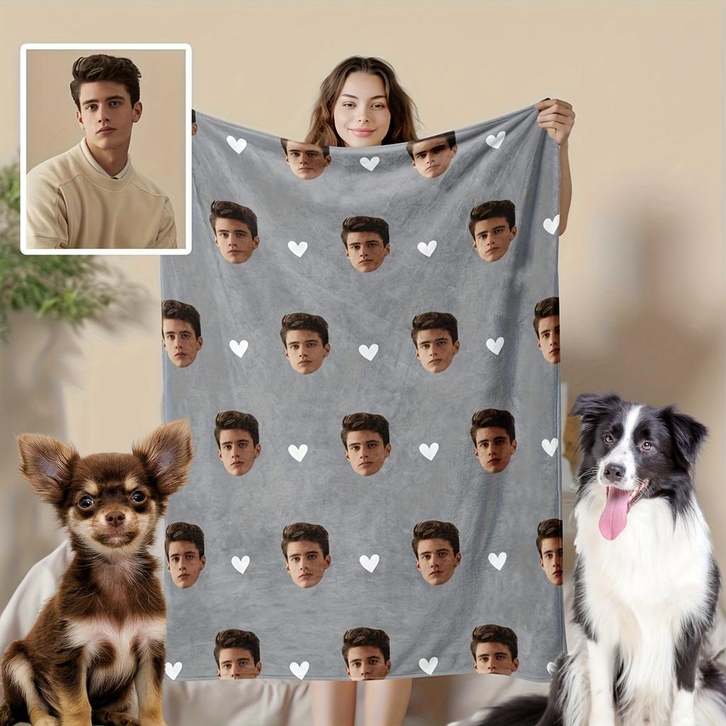 1pc Personalised Pet Flannel Blanket, Custom Photo Dog Blankets With Face Print, Warm Soft Dog Sleeping Mat Birthday Gifts, Grey