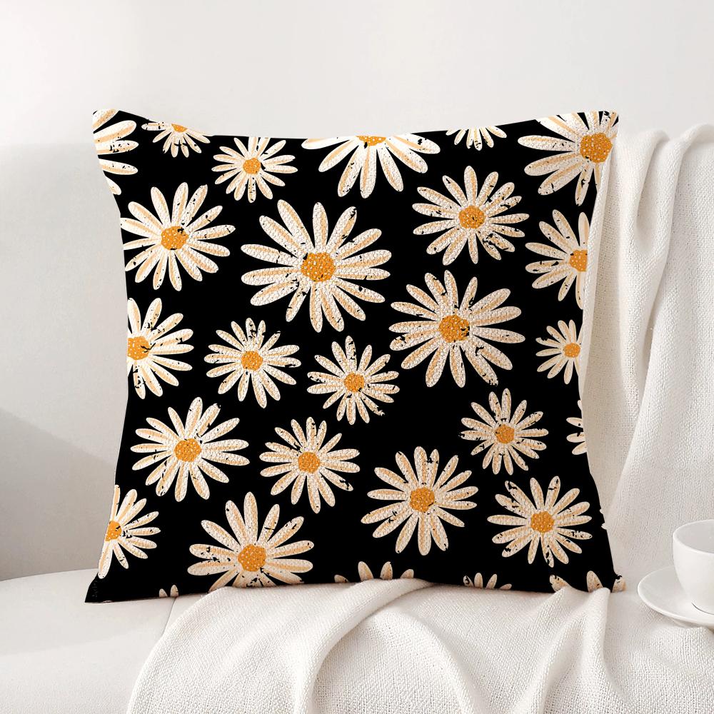 Black Daisy Cushion Cover Natural Linen Organic Fabric Double-Sided Printing Sofa Home Decor Gift Pillow Cover