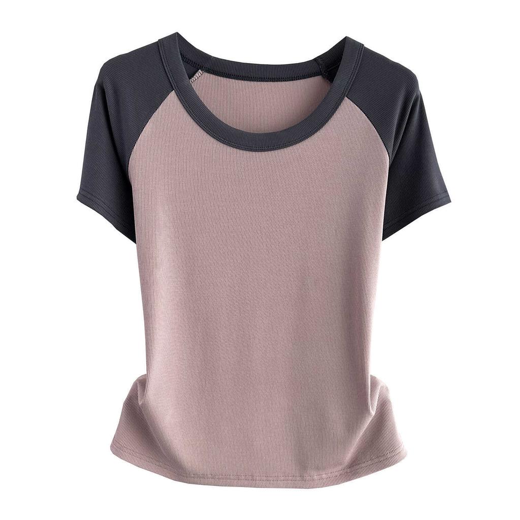 Raglan Short Sleeve Color Block T-Shirt Plus Size Loose Slim Crop Top For Summer Versatile Breathable Soft Material Flattering Slim Women Top