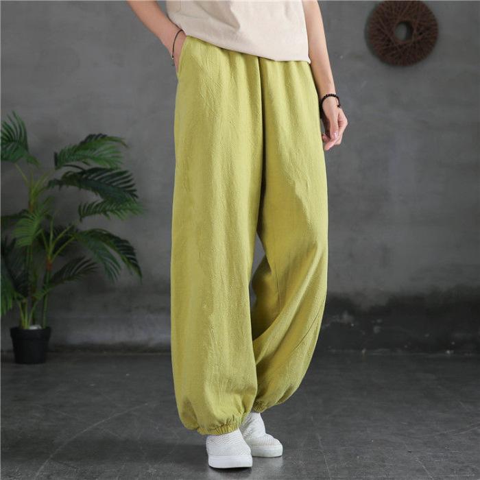 Women's Summer Cotton Linen Literary Vintage Ankle Tie Pants Women's Loose Solid Color Versatile Casual Lantern Long Pants