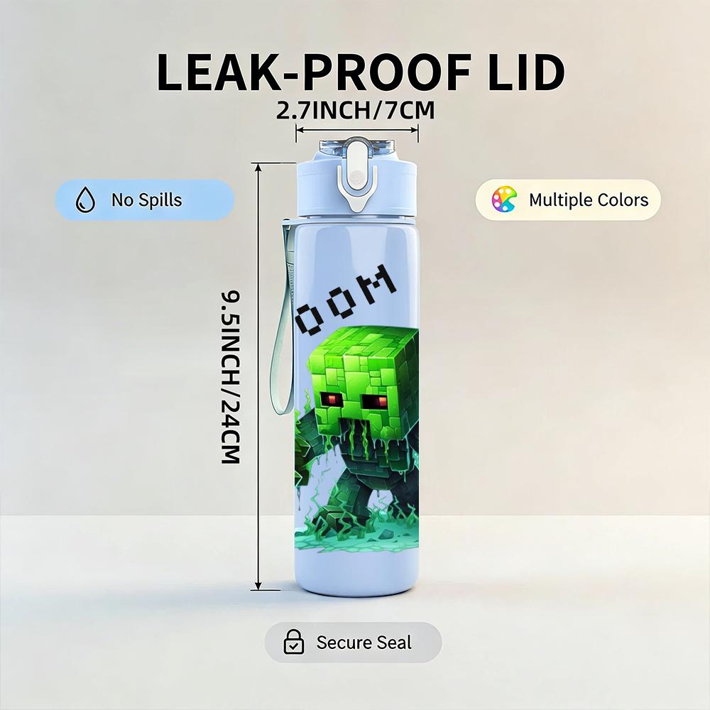 1PC Minecraft Creeper Boom Explode 750ml Color Plastic Sports Water Bottle Leakproof Flip Straw Lid Suitable for Sports Office Home Use