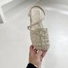 Fashion Large Size Low Sandals Woman Leather Big Low-heeled Slides Hoof Heels PU Fabric Rubber Fretwork Large Size Low Sandals Woman Lea