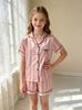 Satin-Pyjama-Set für Teenager-Mädchen, staubrosa gestreiftes Kurzarm-Oberteil & Shorts Nachtwäsche für 12-16 Jahre