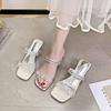 Fashion 2025 Women's Sandals Crystal Heel Chunky Summer New Two-Way Wear Diamond Outerwear Rubber Bottom Square Toe Polyurethane Lined